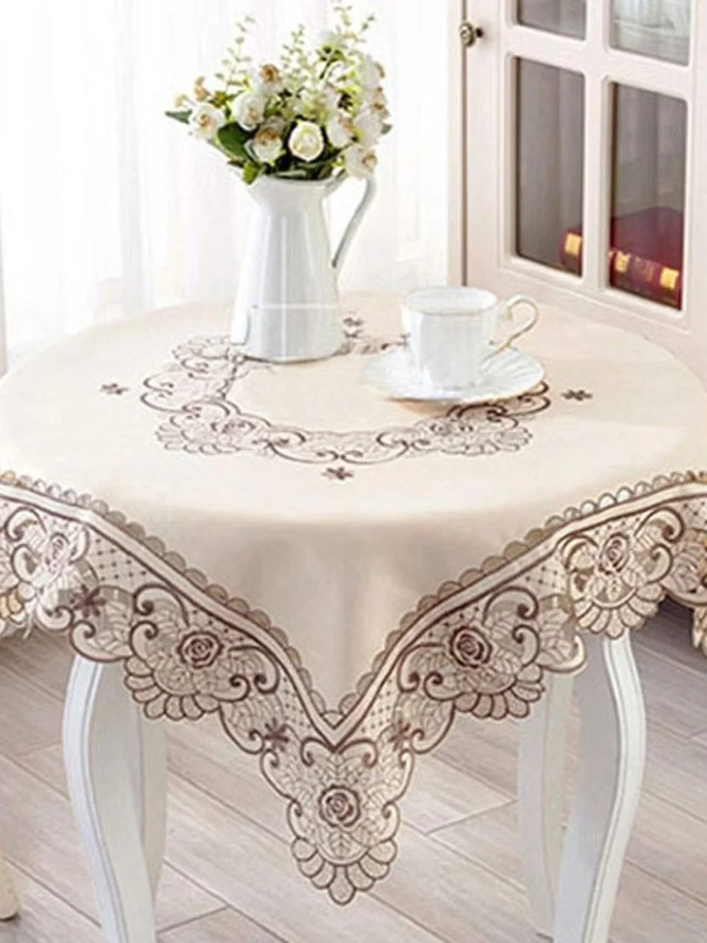 Embroidered Square Lace Tablecloth in Beige with Floral Border 50 Inch